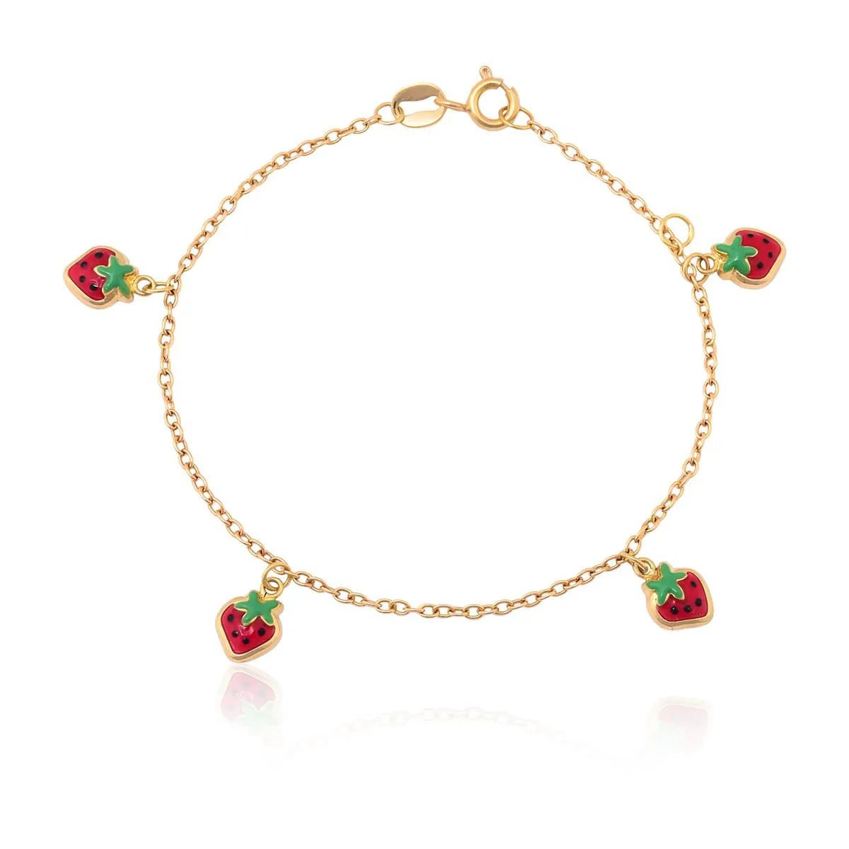 PULSEIRA INFANTIL DE OURO AMARELO 18K COM MORANGOS DE RESINA-15CM