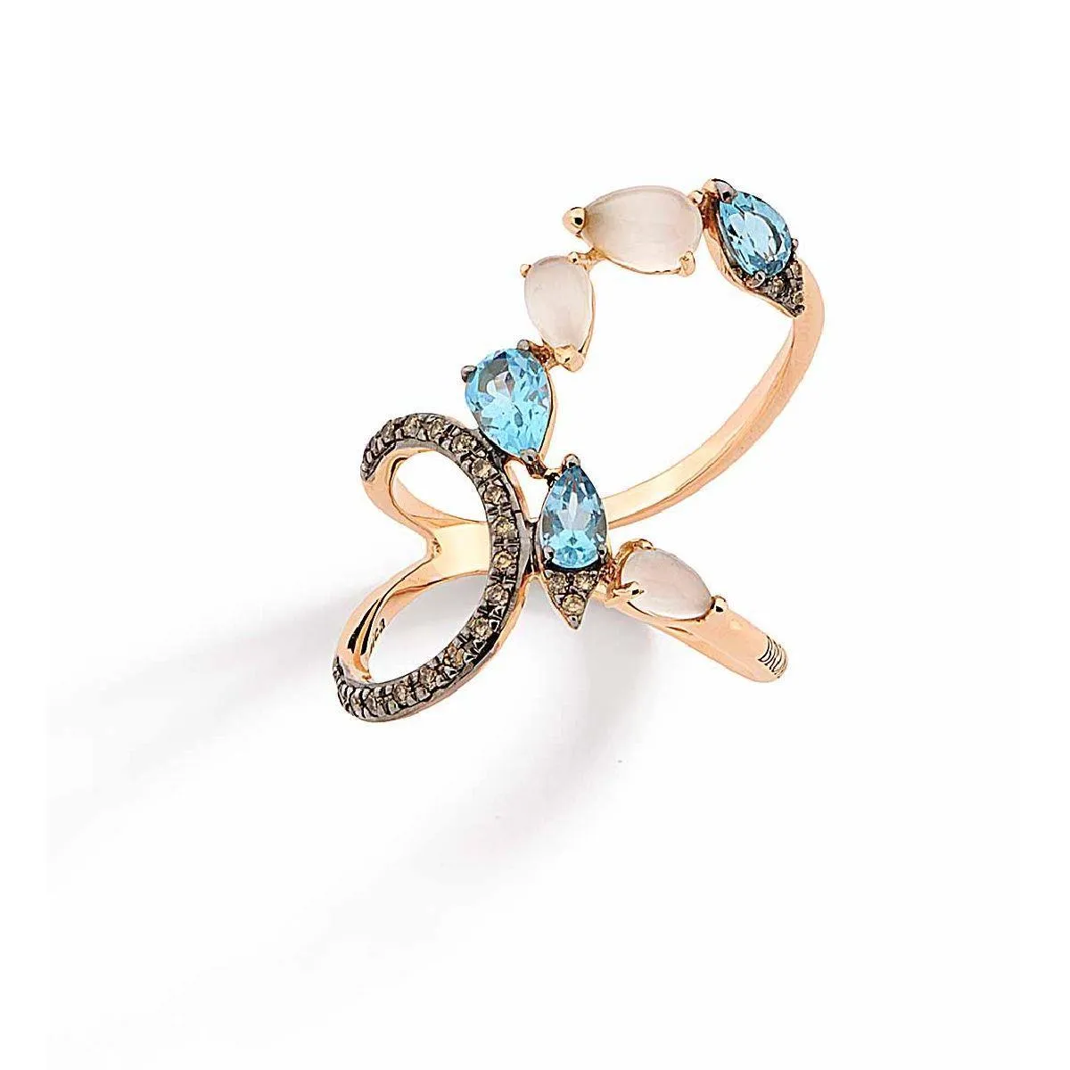 Anel de Ouro 18k Com Diamante, Pedra da Lua e Topázio