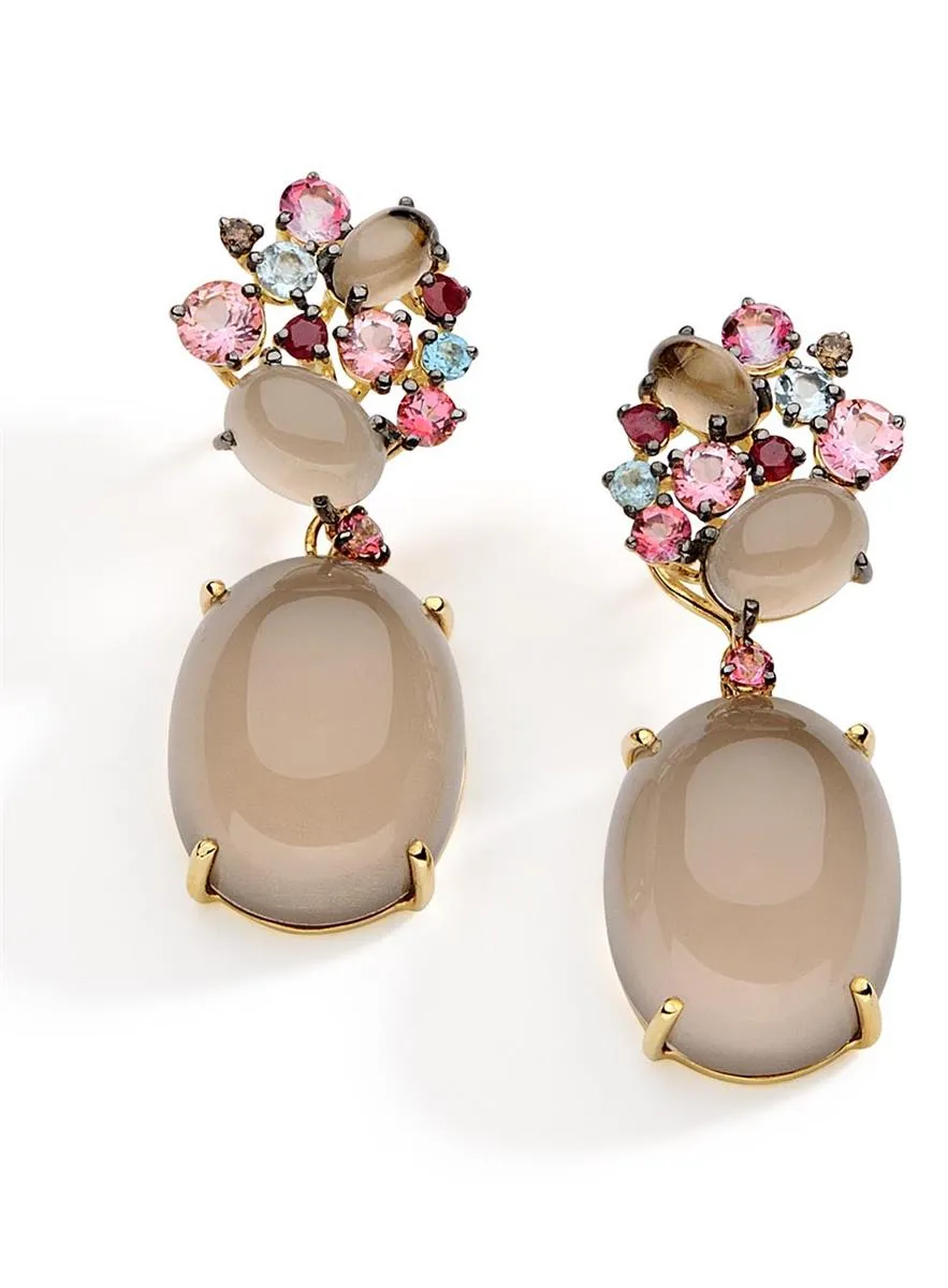 Brinco de Ouro 18k com Diamante, Rubi, Topázio e Quartzo