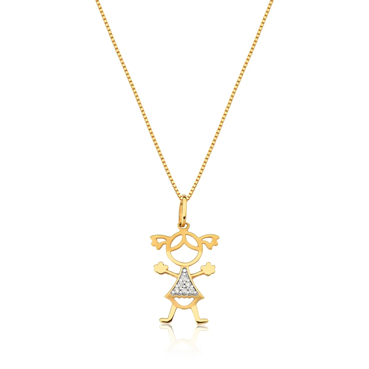 Pingente filhos ouro 18k menina vestido rodinado com Diamantes