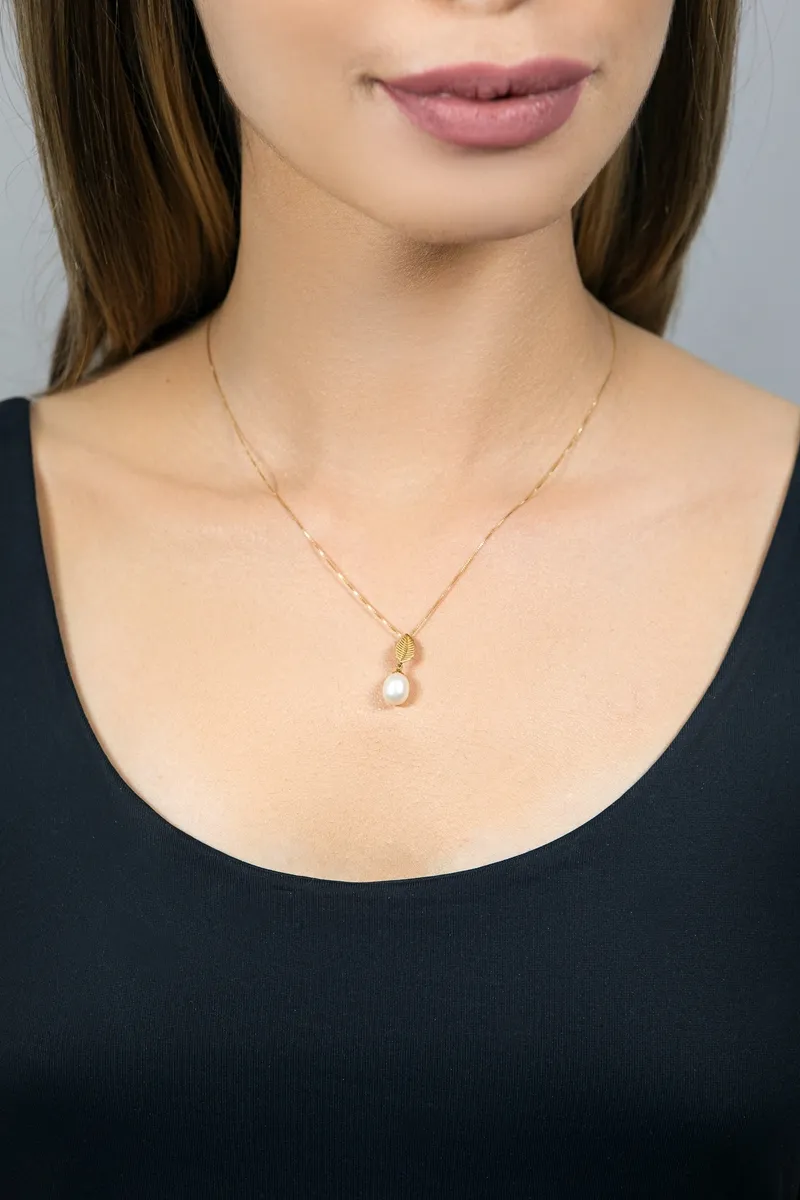 Pingente de Ouro 18k de Folha com Pérola