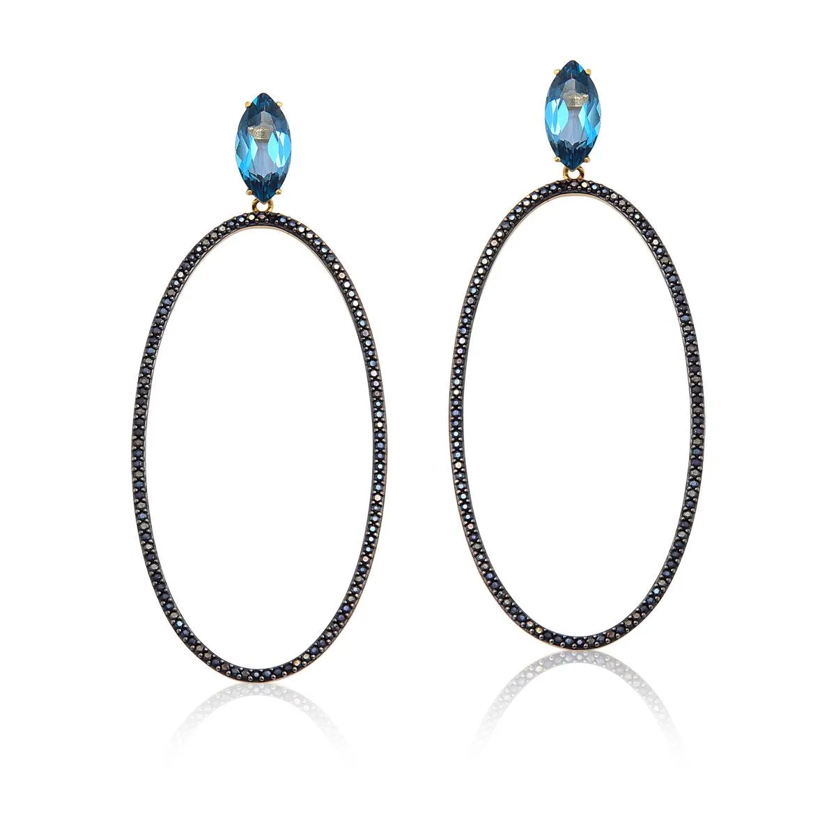 BRINCO DE OURO 18K OVAL LONGO VAZADO COM ESPINÉLIOS E BASE NAVETE DE TOPÁZIO LONDON-COLEÇÃO RHYTHM