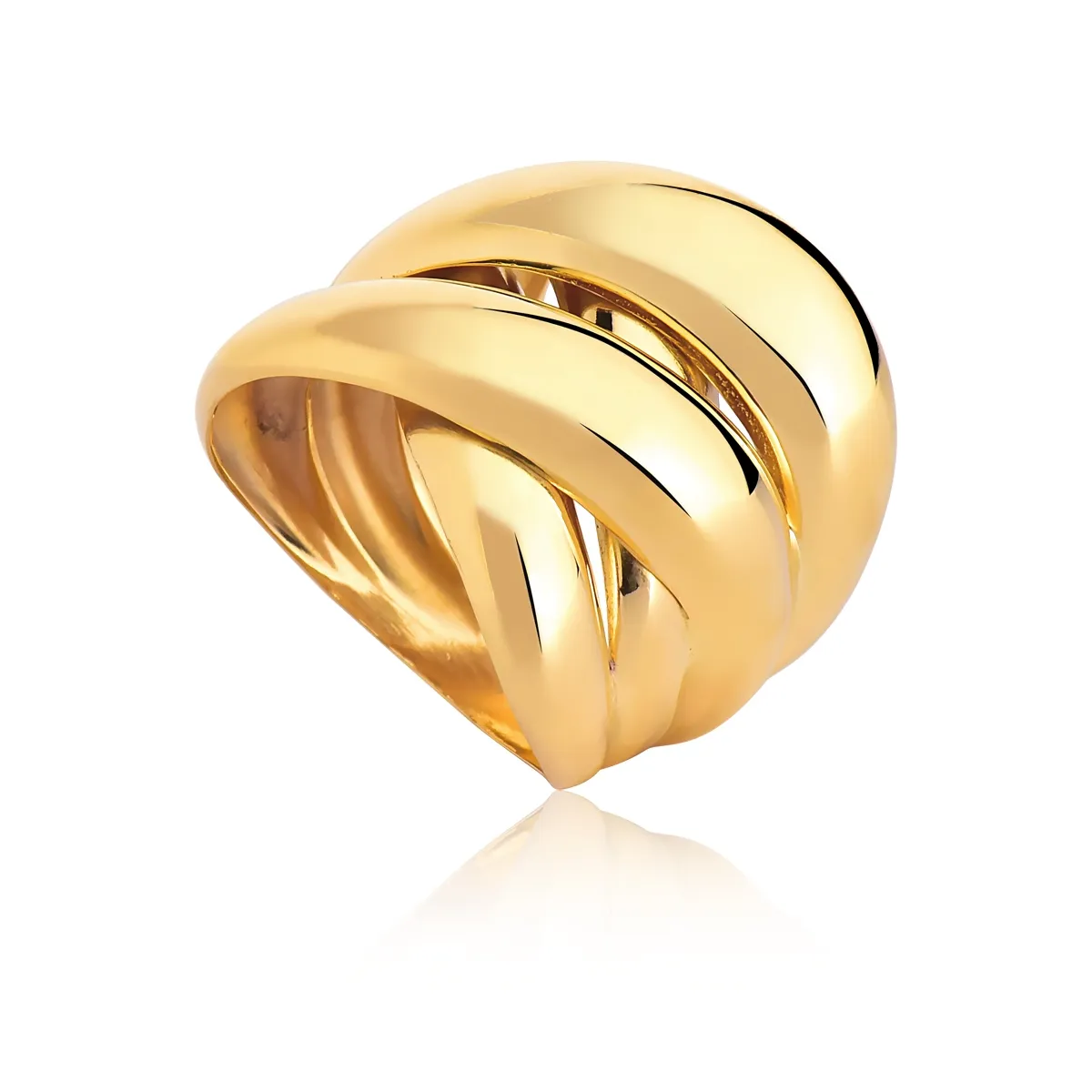 Anel ouro amarelo 18k largo aros cruzados polidos Coleção Marée