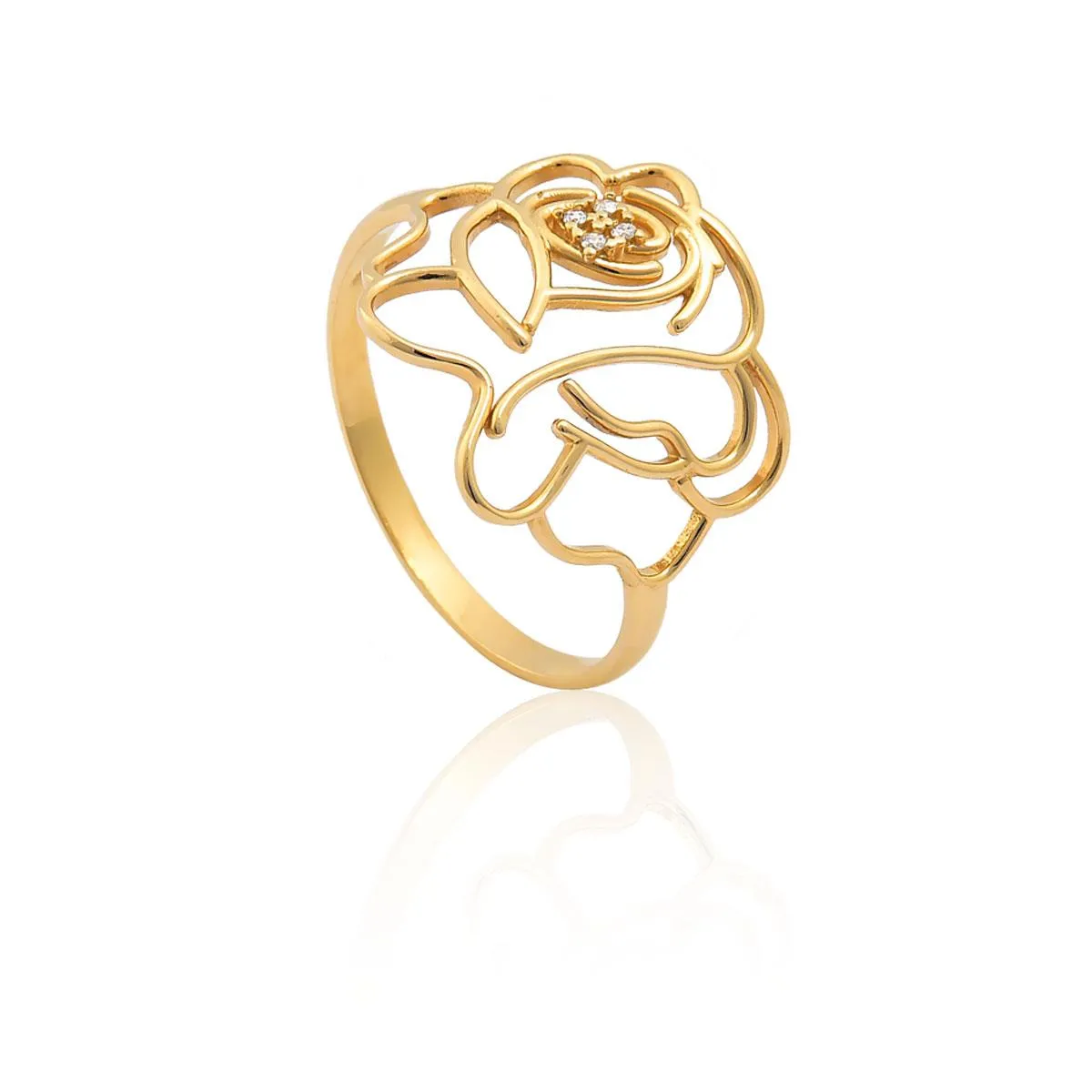 Anel flor vazado ouro 18k com 2pts de Diamante Coleção Camélia