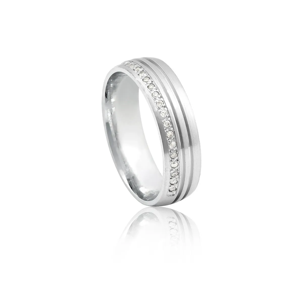 Aliança de Ouro Branco 18k Meia Cana Fosca com Frisos Polidos e Diamantes-Alianças Exclusivas Coliseu(5,50MM)