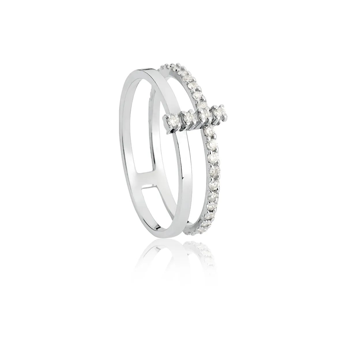 Anel de Ouro Branco 18k Dois Aros com Filete de Diamantes