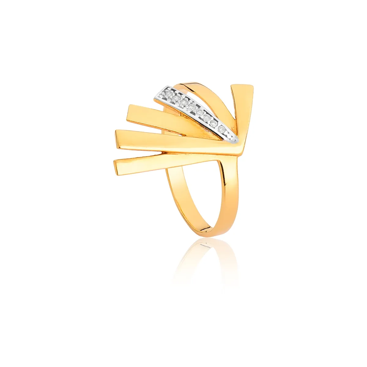 Anel de Ouro 18k Leque Vazado Polido com Filete de Diamantes