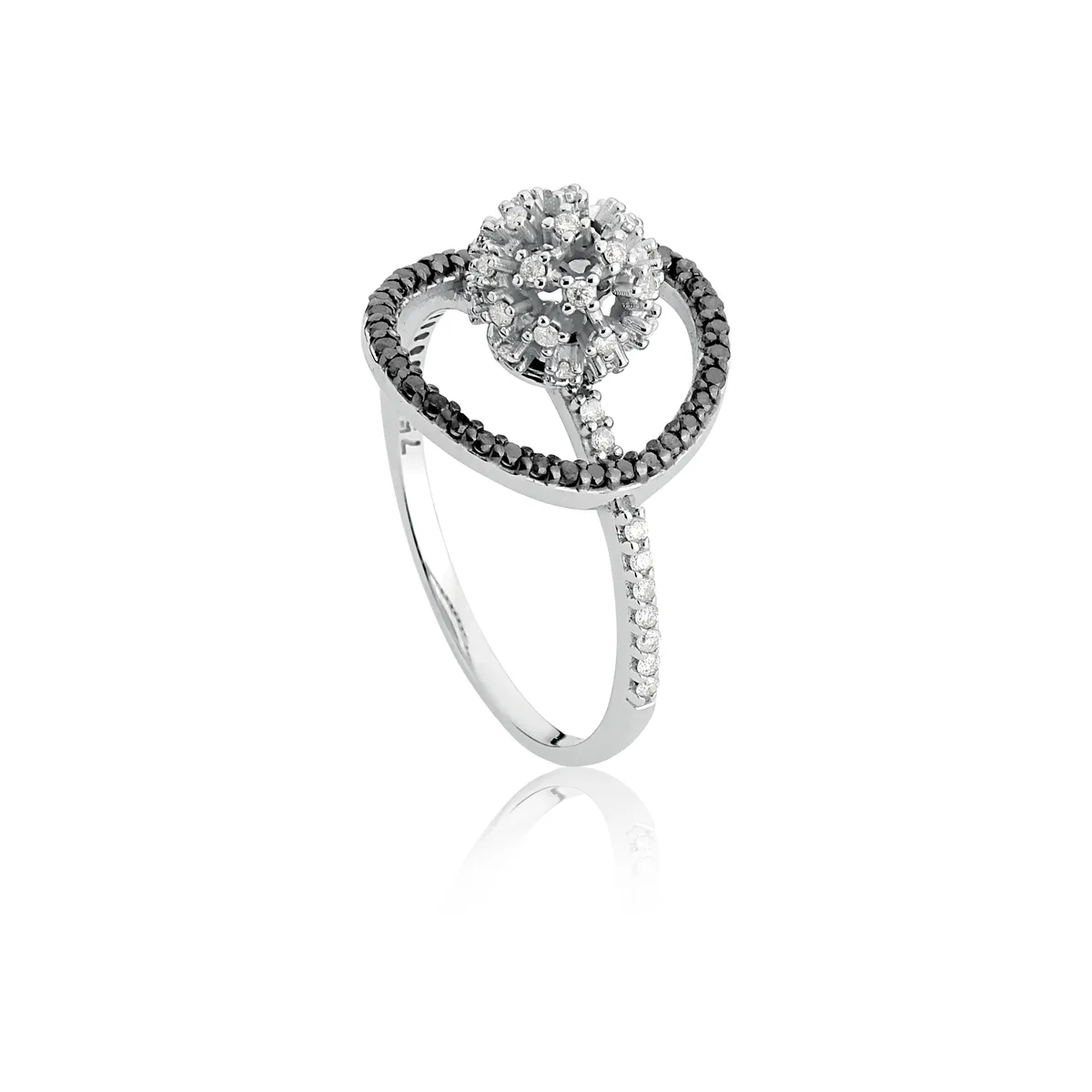 Anel de Ouro Branco 18k Círculo Vazado de Diamantes Negros e Flor de Diamantes