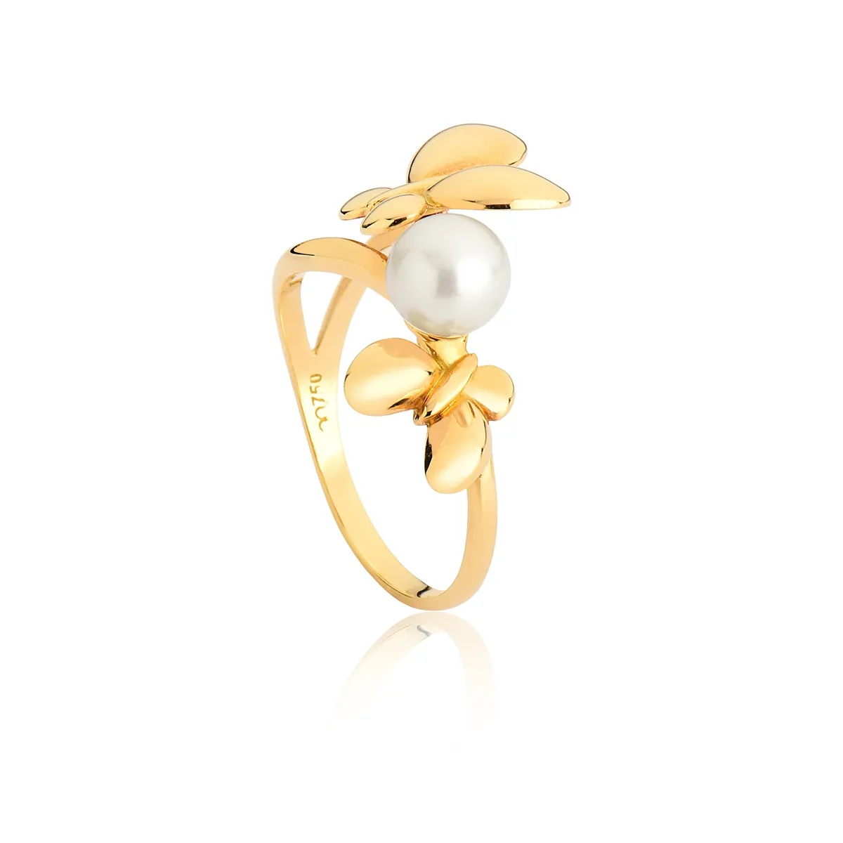Anel de Ouro 18k Aro com Borboletas e Pérola