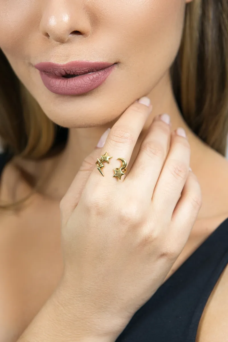 Anel de Ouro 18k de Estrela e Raio