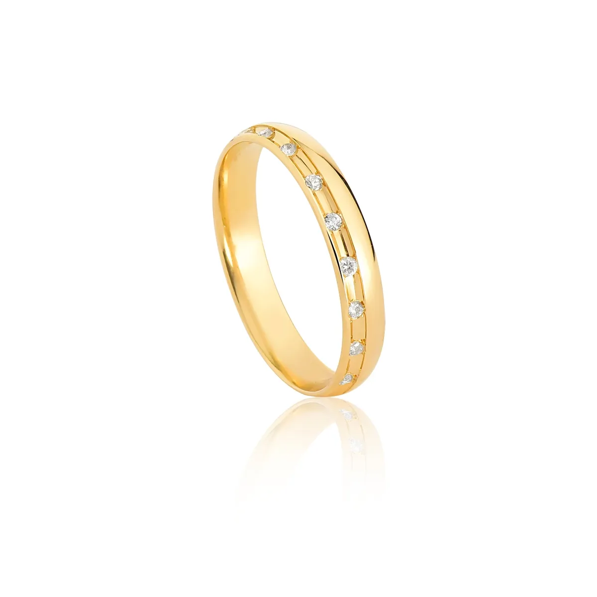 Aliança Tramonto meia cana friso ouro 18k com 9pts de Diamantes 3,2MM