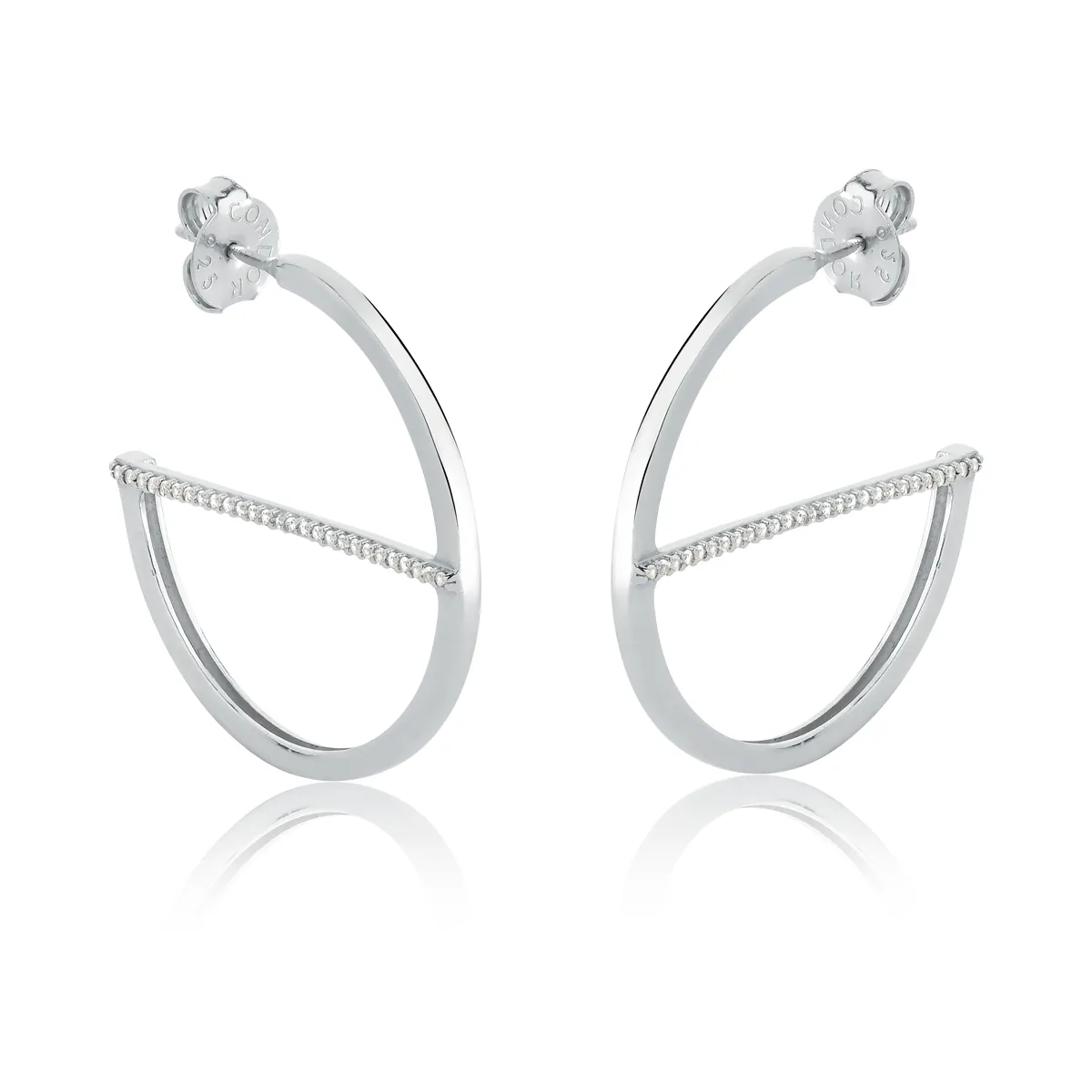 Brinco de Prata 925 Argola Aberta Geométrica com Filete de Topázio Branco-Coleção Open