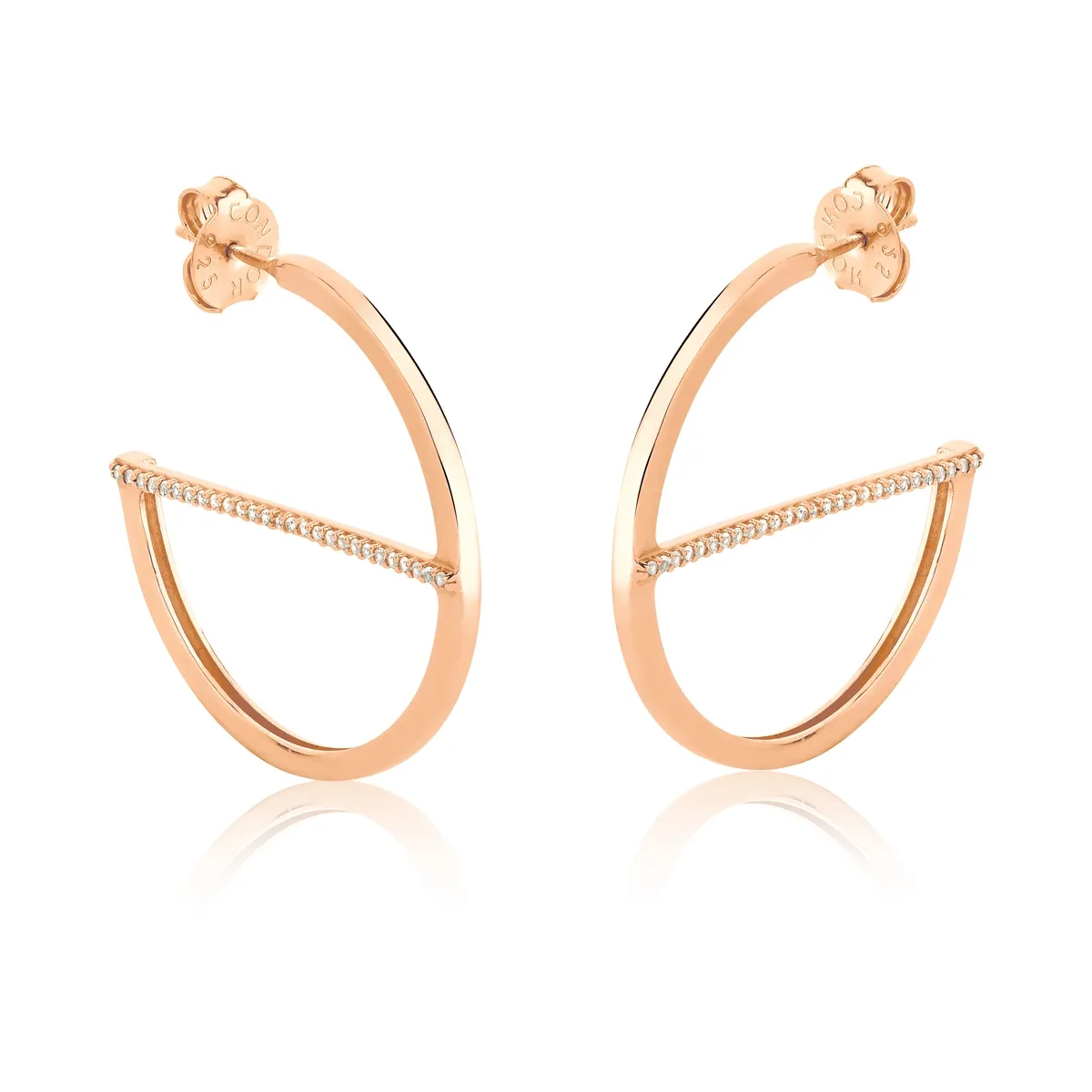 Brinco de Prata 925 Rosê Argola Geométrica com Topázios Brancos-Coleção Open