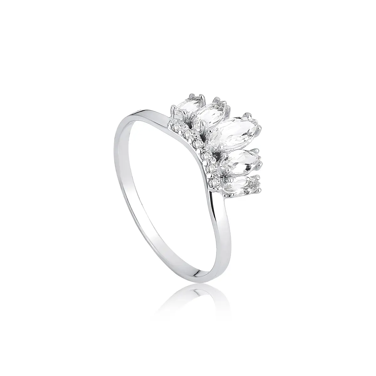 Anel coroa ouro branco 18k gemas de Cristal com Diamantes