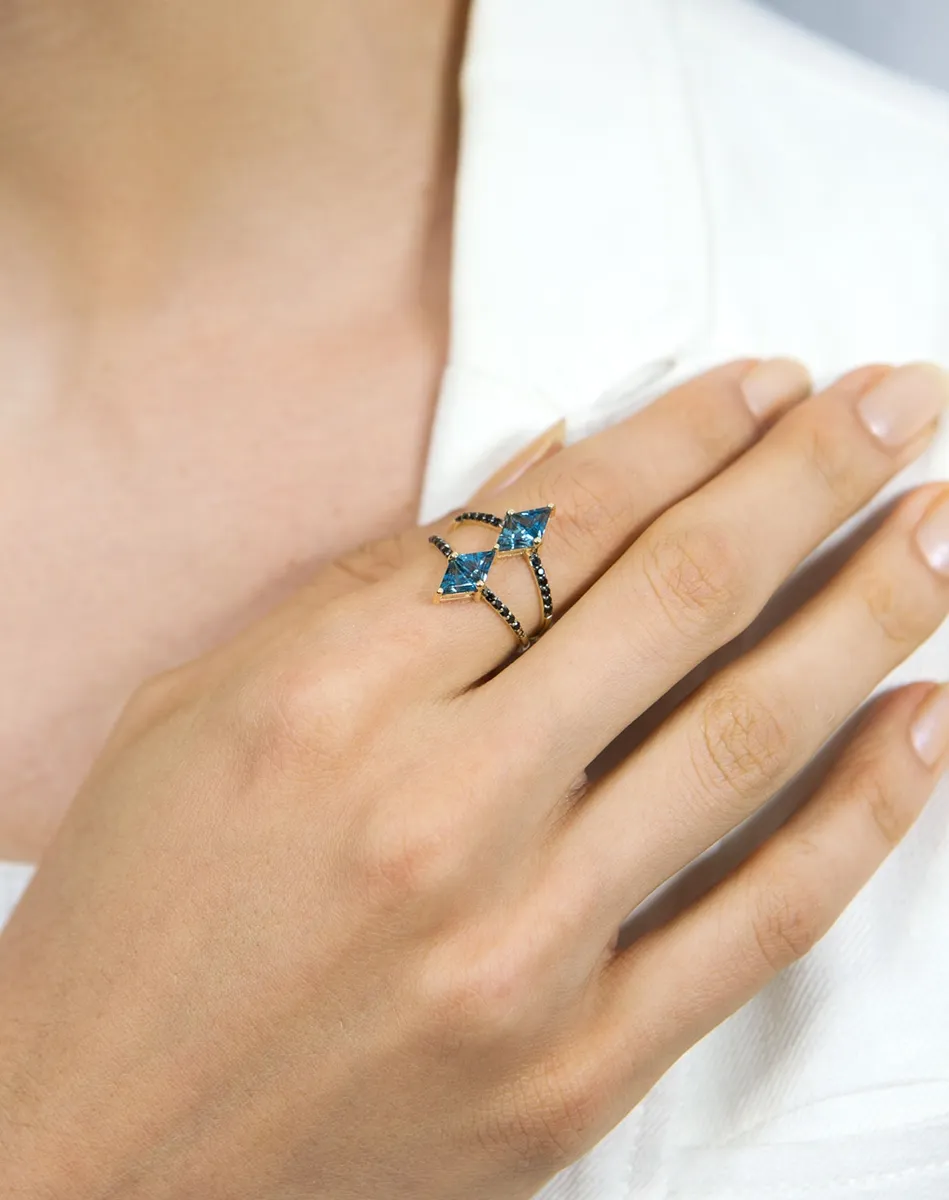 Anel de Ouro 18k dois aros de Espinélios e gemas de Topázio London