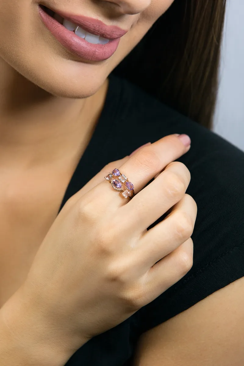ANEL OURO ROSE 18K COM AMETISTA E QUARTZ ROSA