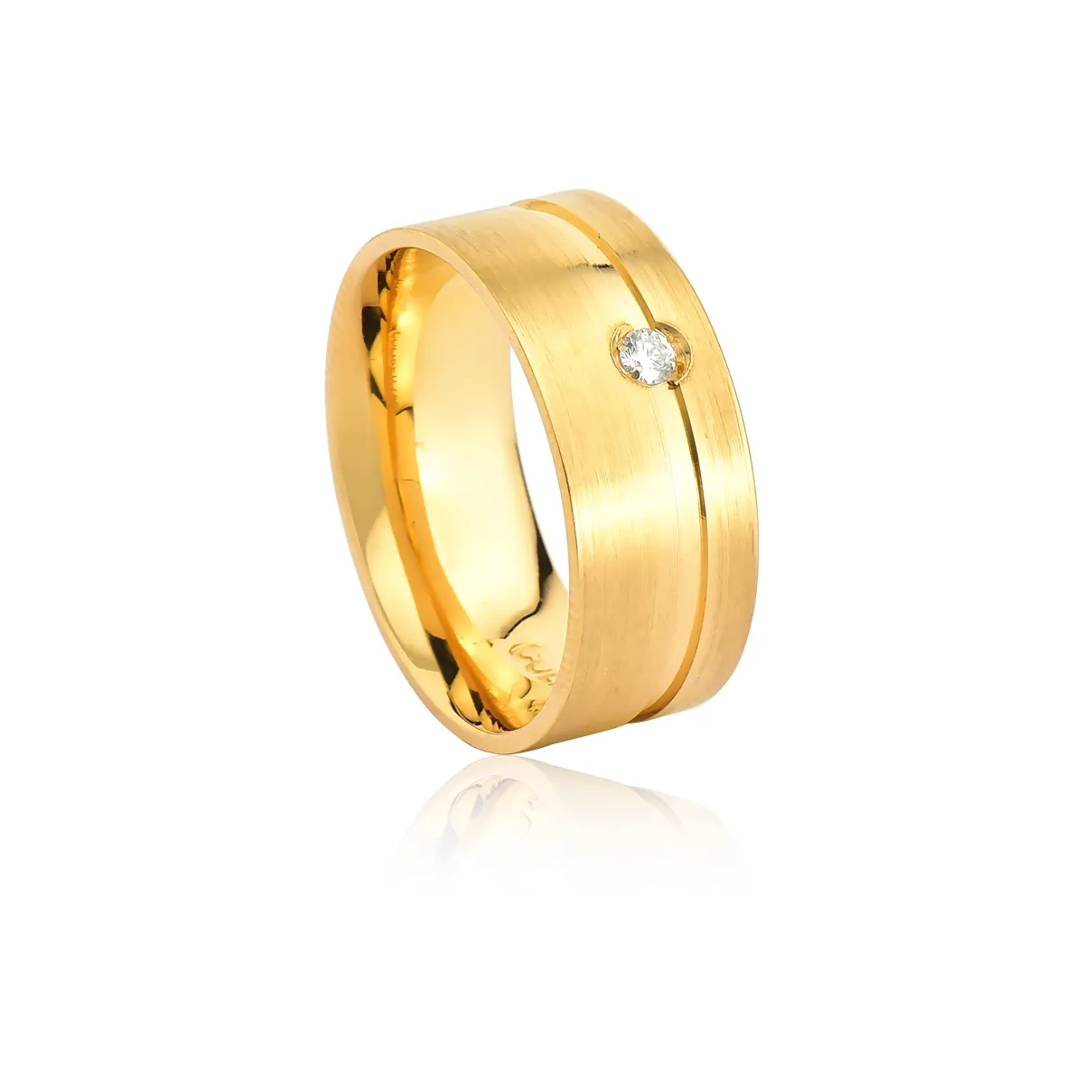 Aliança de Ouro 18k Anatômica Fosca Larga com Friso e Diamante (8,00MM)