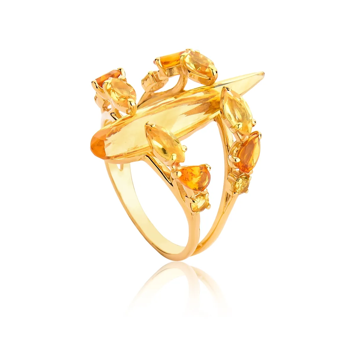 Anel de Ouro 18k Aros Polidos com Gota Alongada e Navetes de Gema Citrino-Coleção Sunlight