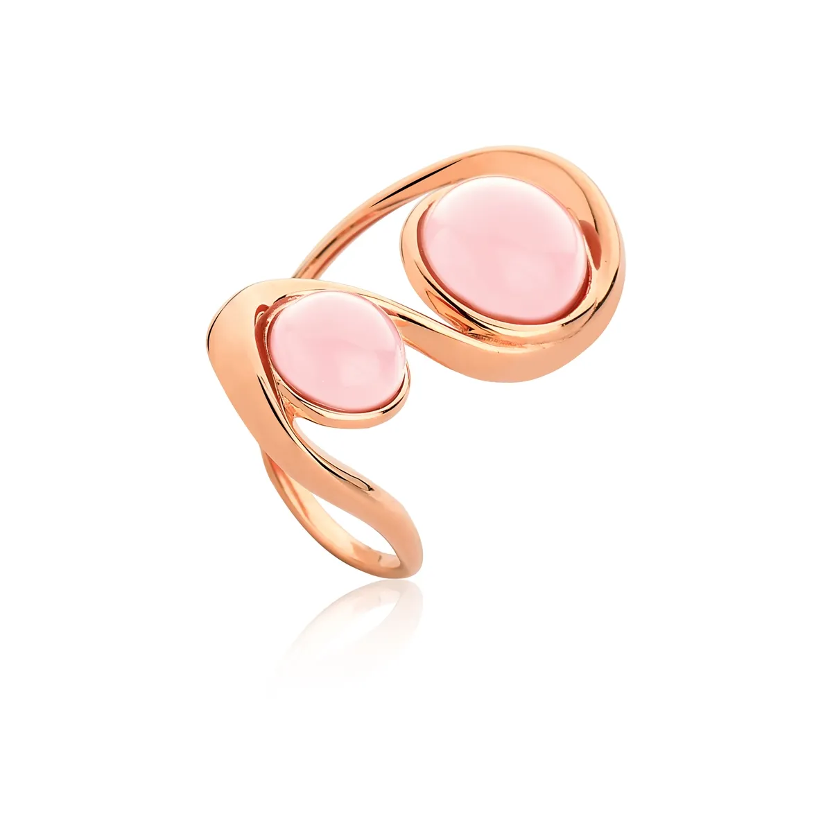 Anel de Prata 925 rosê geométrico linhas curvas com quartzo rosa coleção Piroetta