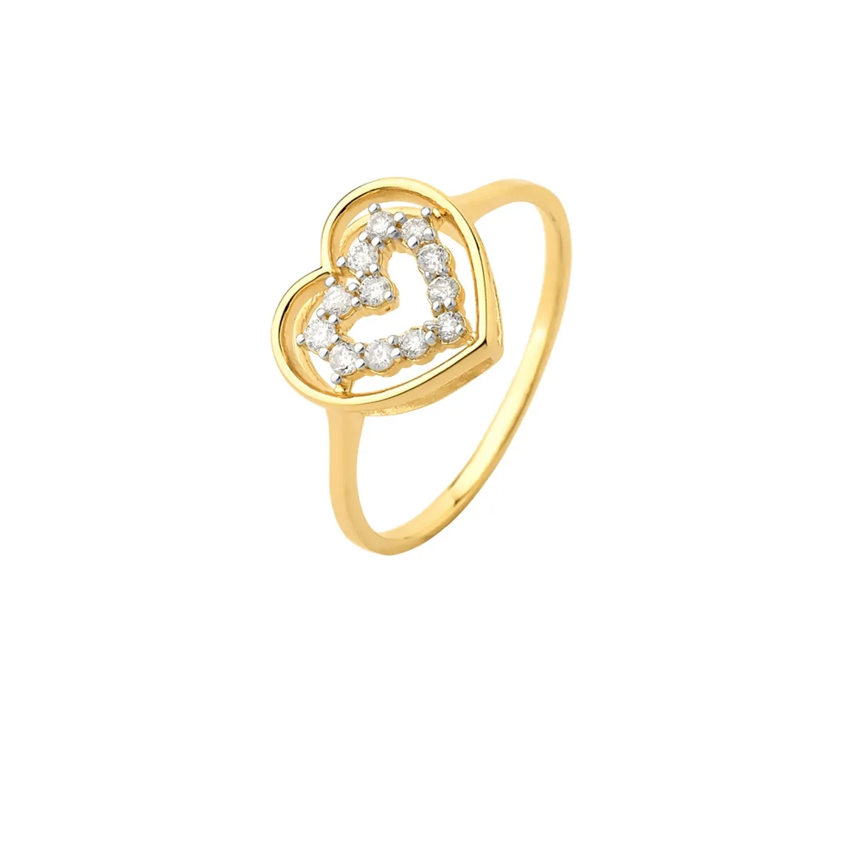 Anel de Ouro 18k Aro com Dois Corações Vazados e Diamantes