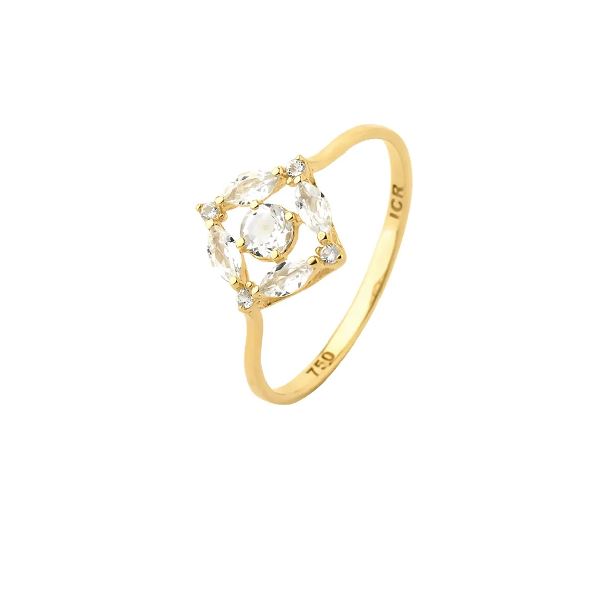 Anel de Ouro 18k Aro com Flor de Gemas de Topázio Branco