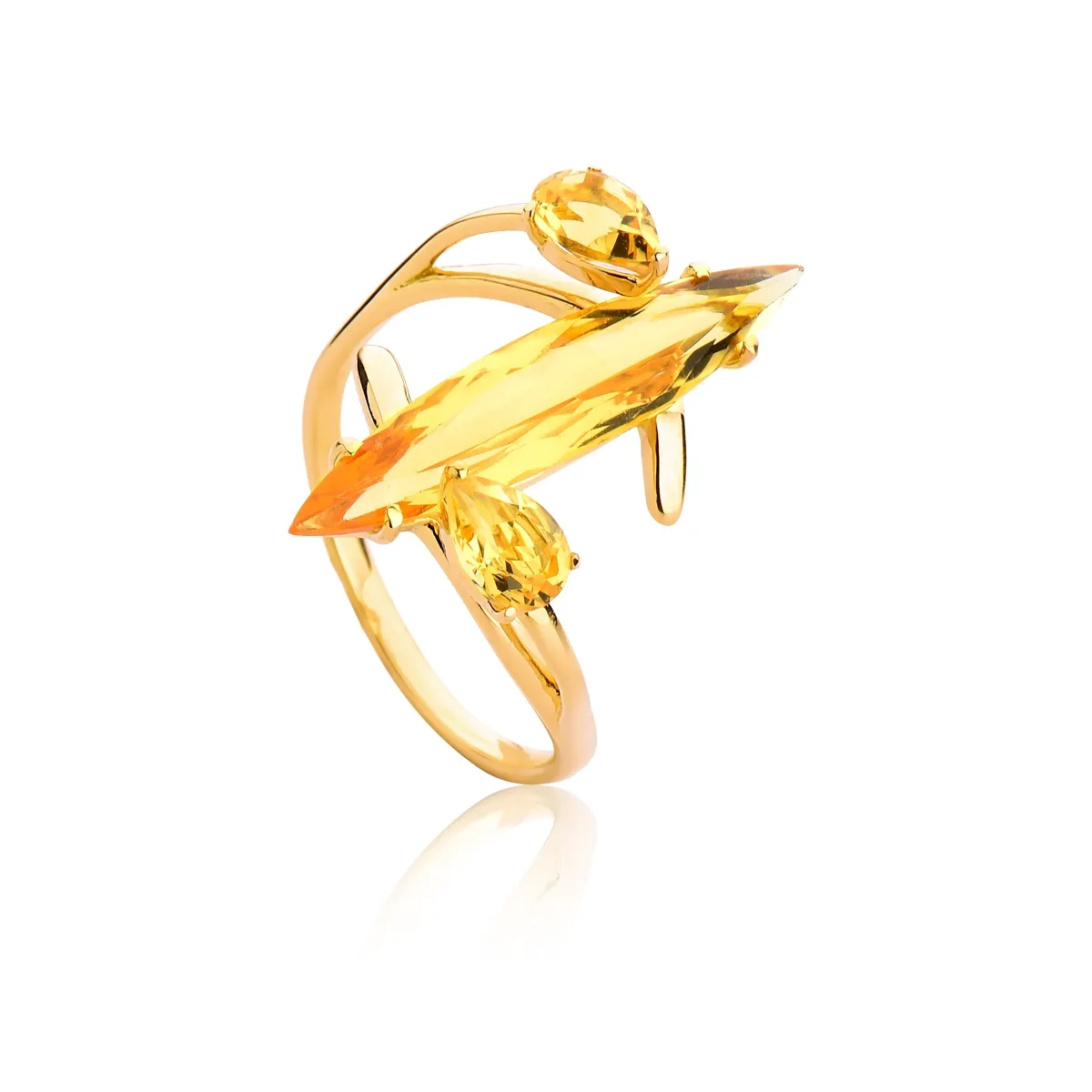 Anel de Ouro 18k Aro Aberto com Navete Alongado de Gema Citrino-Coleção Sunlight