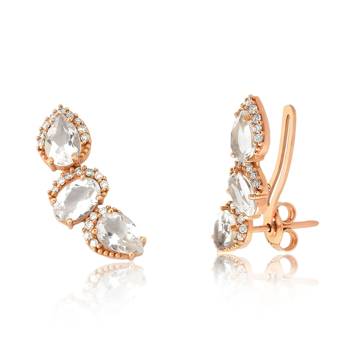 Brinco de Ouro Rosê 18k Ear Cuff com Gemas de Cristal e Diamantes-Coleção Luxis