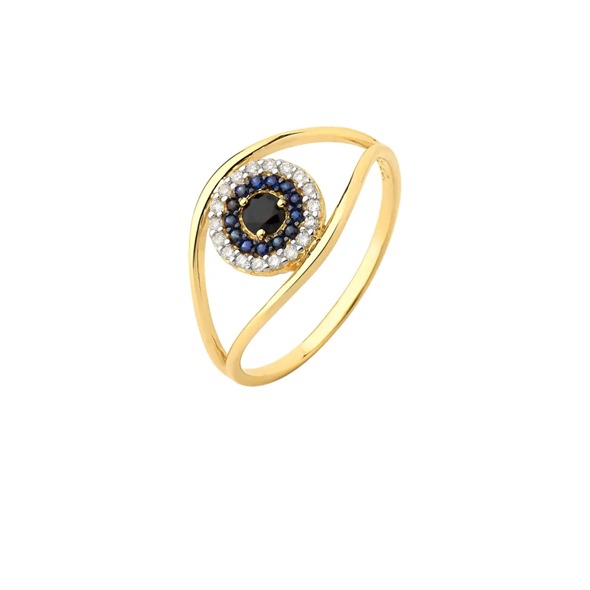Anel de Ouro Amarelo 18k  Olho Grego com Safira Azul , Espinélio  e Diamantes.
