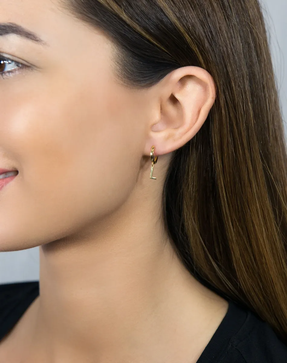 Brinco de Ouro 18k Argola Click com um Pingente Letra "L"