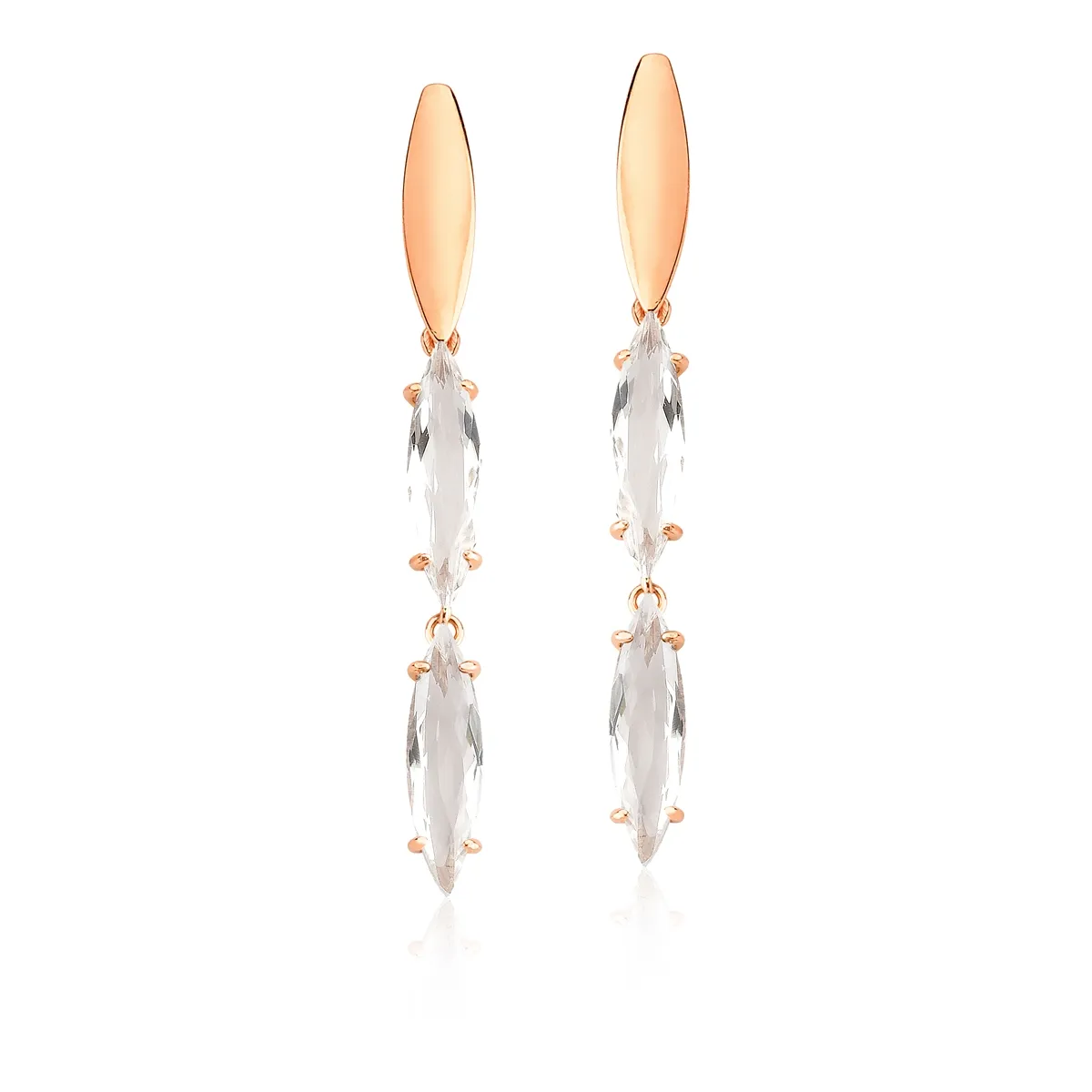 BRINCO DE  PRATA 925 COM BANHO DE OURO ROSÊ E NAVETES DE QUARTZO BRANCO-COLEÇÃO RAIN