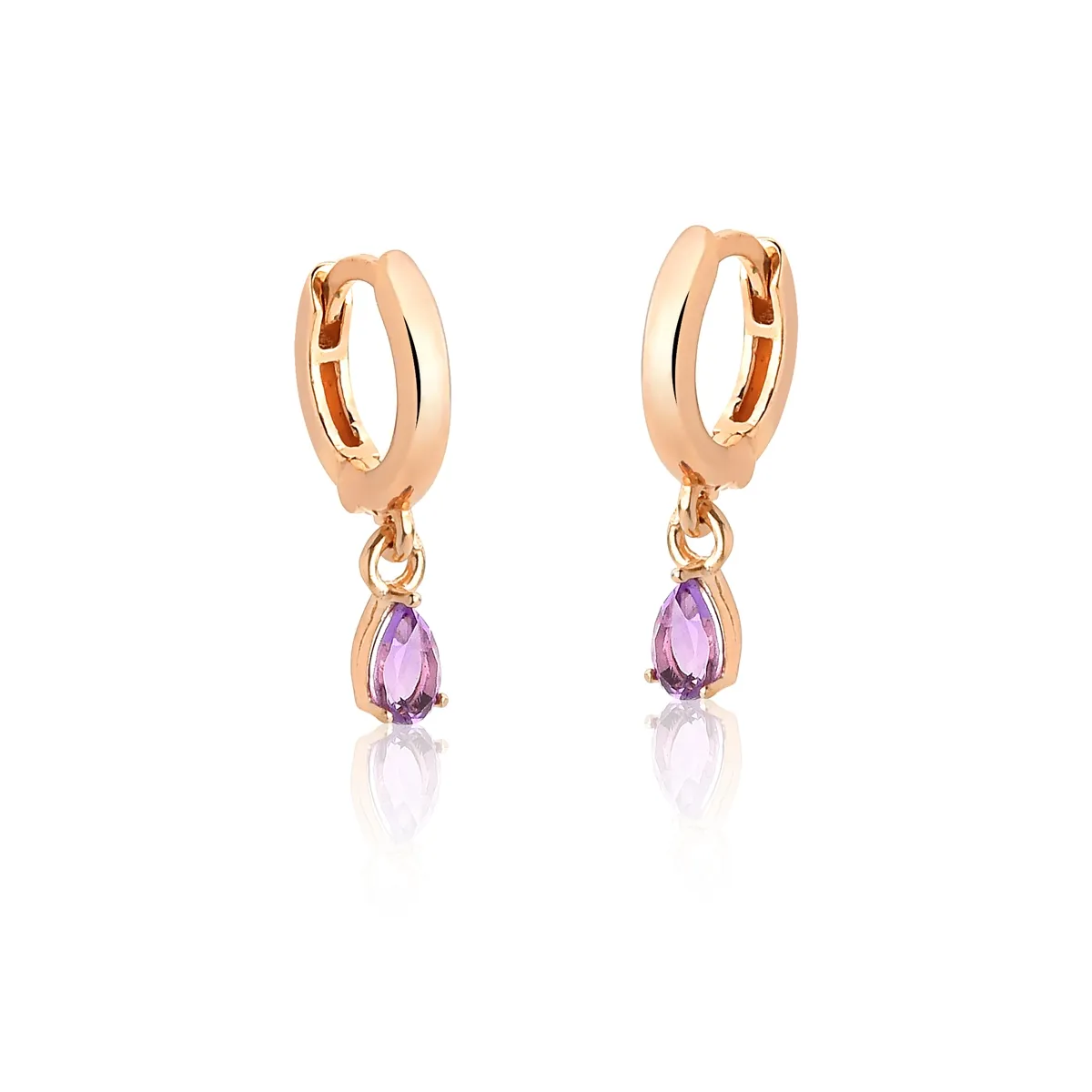 BRINCO DE PRATA 925 BANHO ROSÊ  ARGOLA CLICK COM GOTA DE AMETISTA-FOR ME