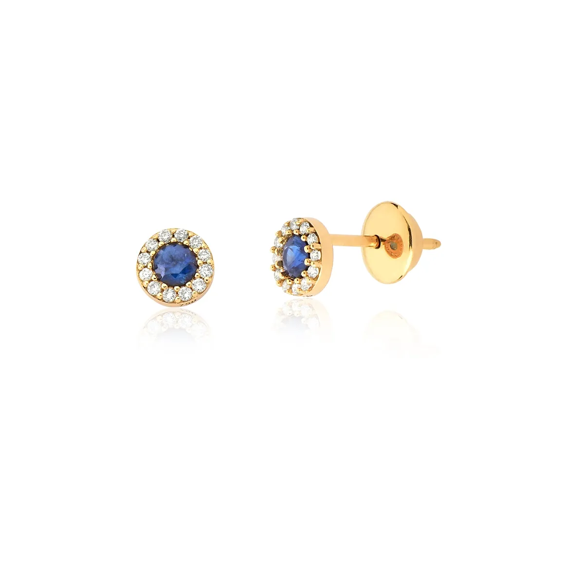 BRINCO DE OURO 18K REDONDO COM DIAMANTES E SAFIRA AZUL-FLOR
