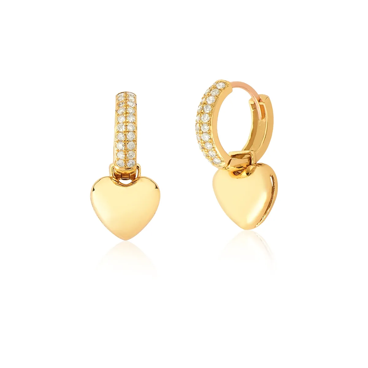 Brinco ouro 18k argola click de Diamantes coração polido Coleção My Heart