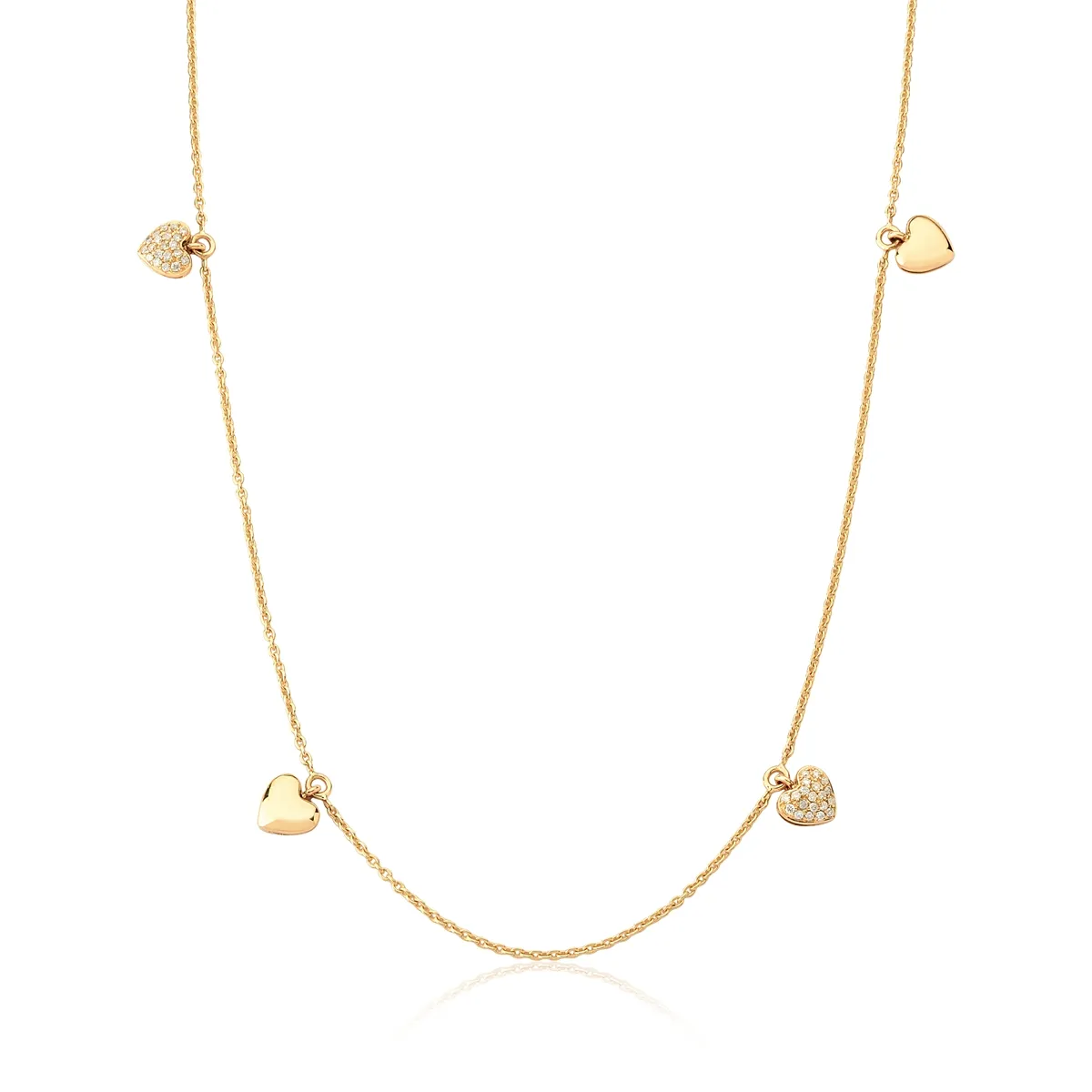 Colar de Ouro 18k Gargantilha Corações Polidos e Pavês 13pts Diamantes-Coleção My Heart-40CM