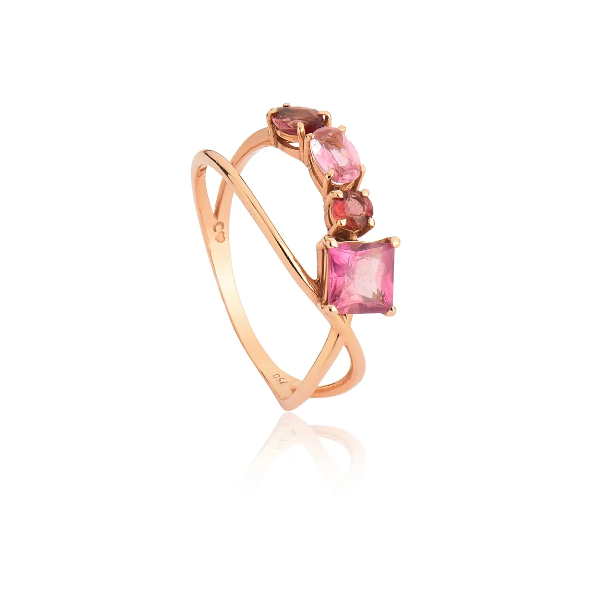 Anel dois aros ouro rosé 18k com 4 gemas de Turmalina rosa