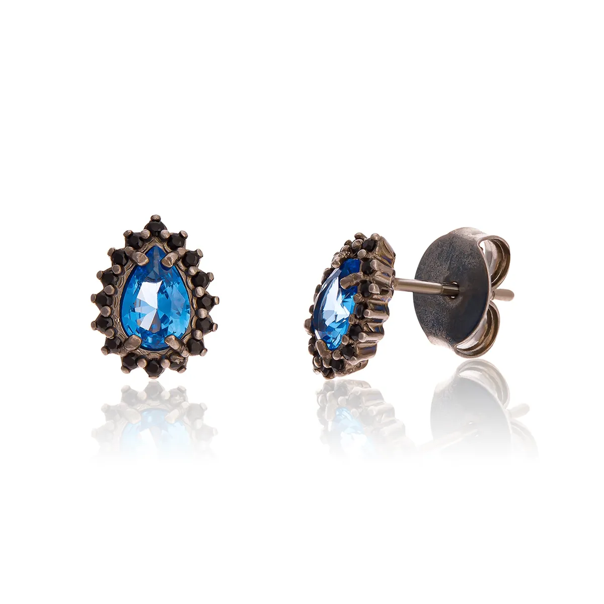 BRINCO DE PRATA 925 COM BANHO DE  RÓDIO NEGRO E GOTA DE ZIRCÔNIA AZUL-COLEÇÃO AMERIE