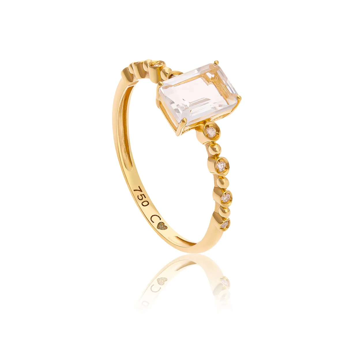 Anel de Ouro 18k Aro com Diamantes e Gema Central de Cristal