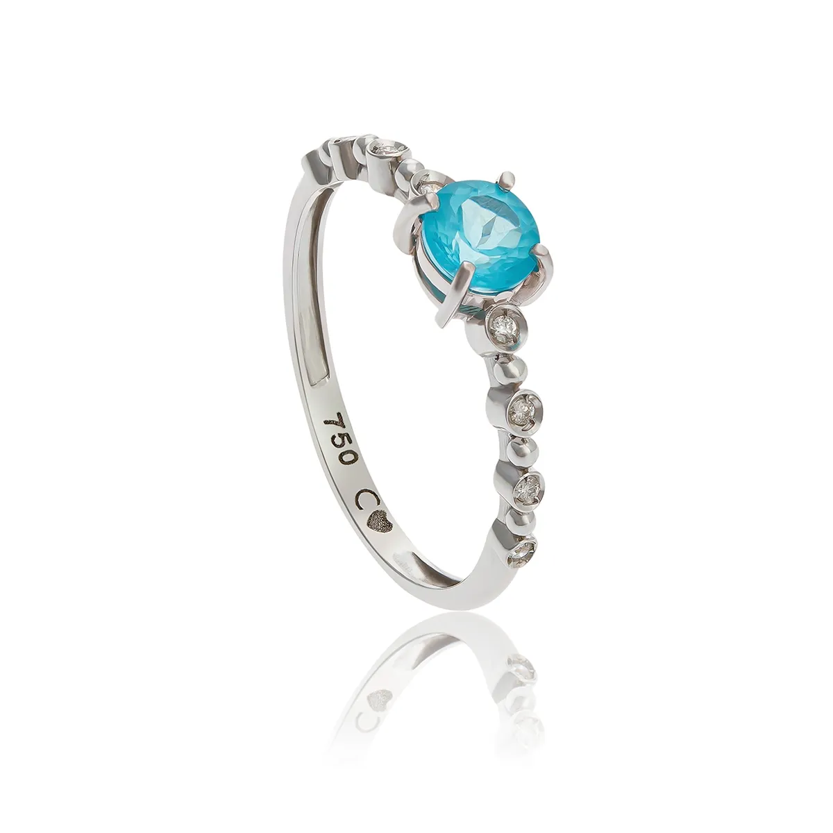 ANEL DE OURO BRANCO 18K ARO COM DIAMANTES E PEDRA REDONDA APATITA