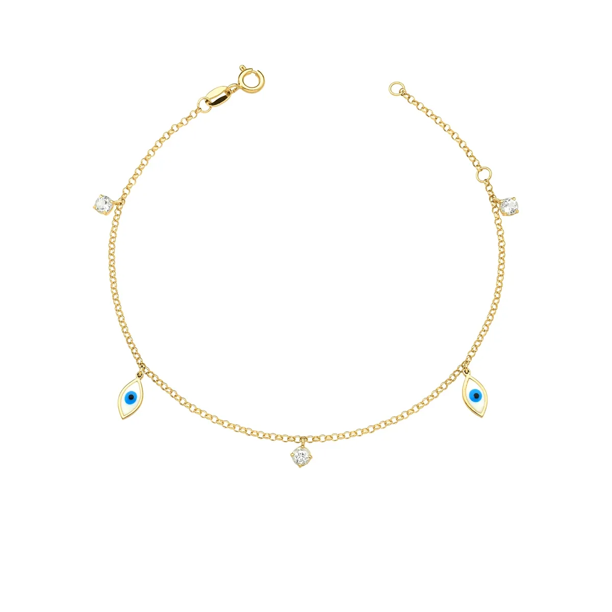 PULSEIRA DE OURO 18K COM PINGENTES DE OLHO GREGO E PEDRAS DE TOPÁZIO BRANCO