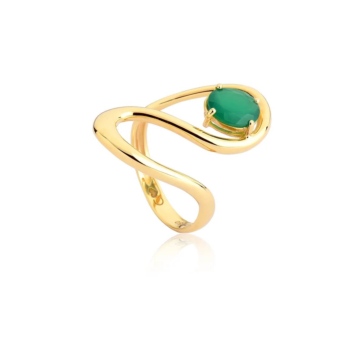 ANEL DE OURO 18K CURVA VAZADO COM GEMA OVAL DE AGATA VERDE