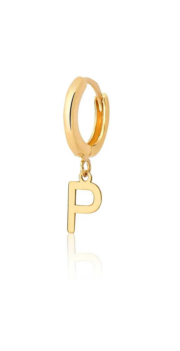 Meio Par de Brinco Ouro 18k Argola Click com Pingente Letra P