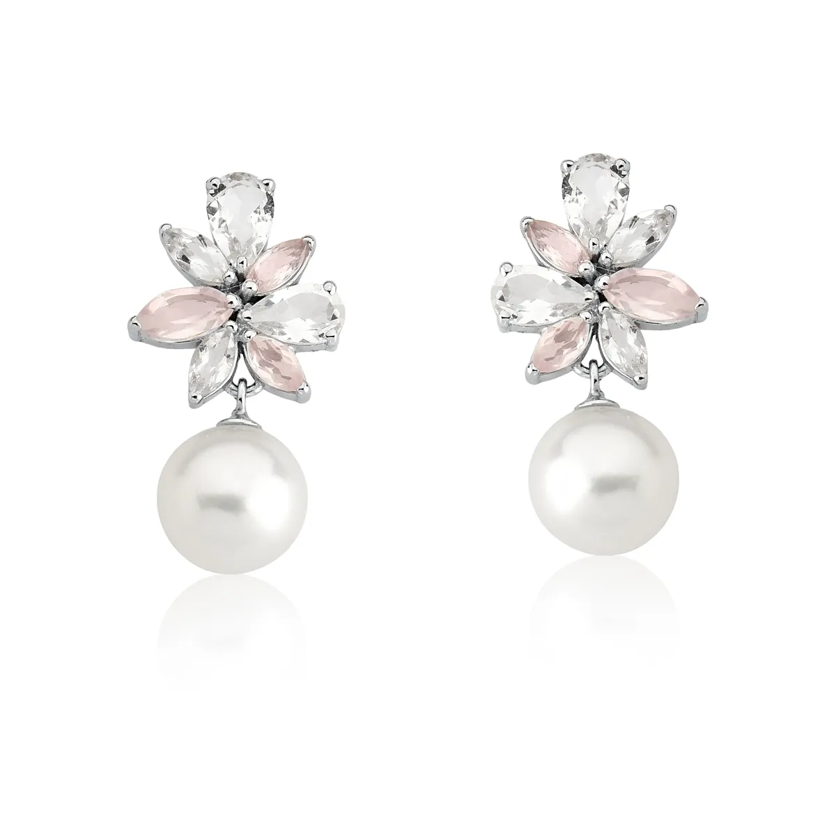 Brinco ramo de Pérolas, Topázio Branco e Quartzo Rosa ouro branco 18k Coleção Jardim Secreto