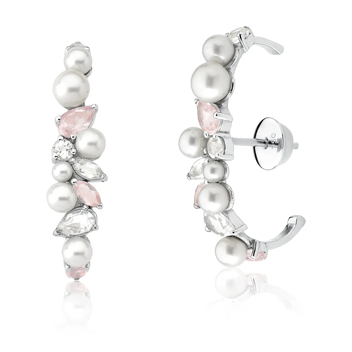 Brinco Ear Hook com Pérolas, Topázio Branco e Quartzo Rosa ouro branco 18k Coleção Jardim Secreto