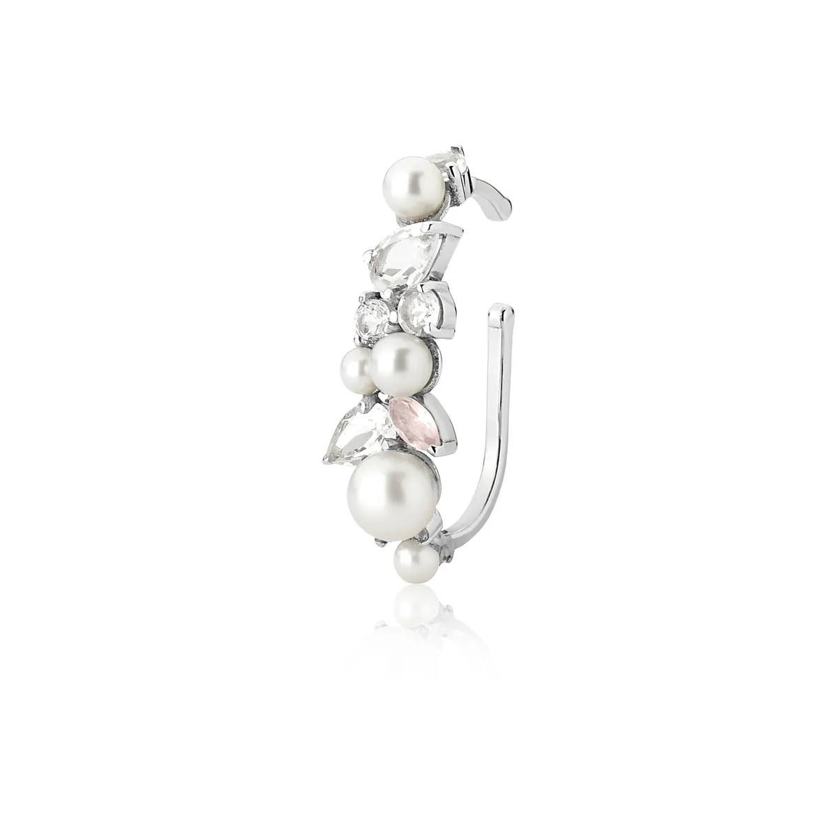 Piercing de orelha Ear Hook com Pérolas Topázio e Quartzo ouro branco 18k Coleção Jardim Secreto