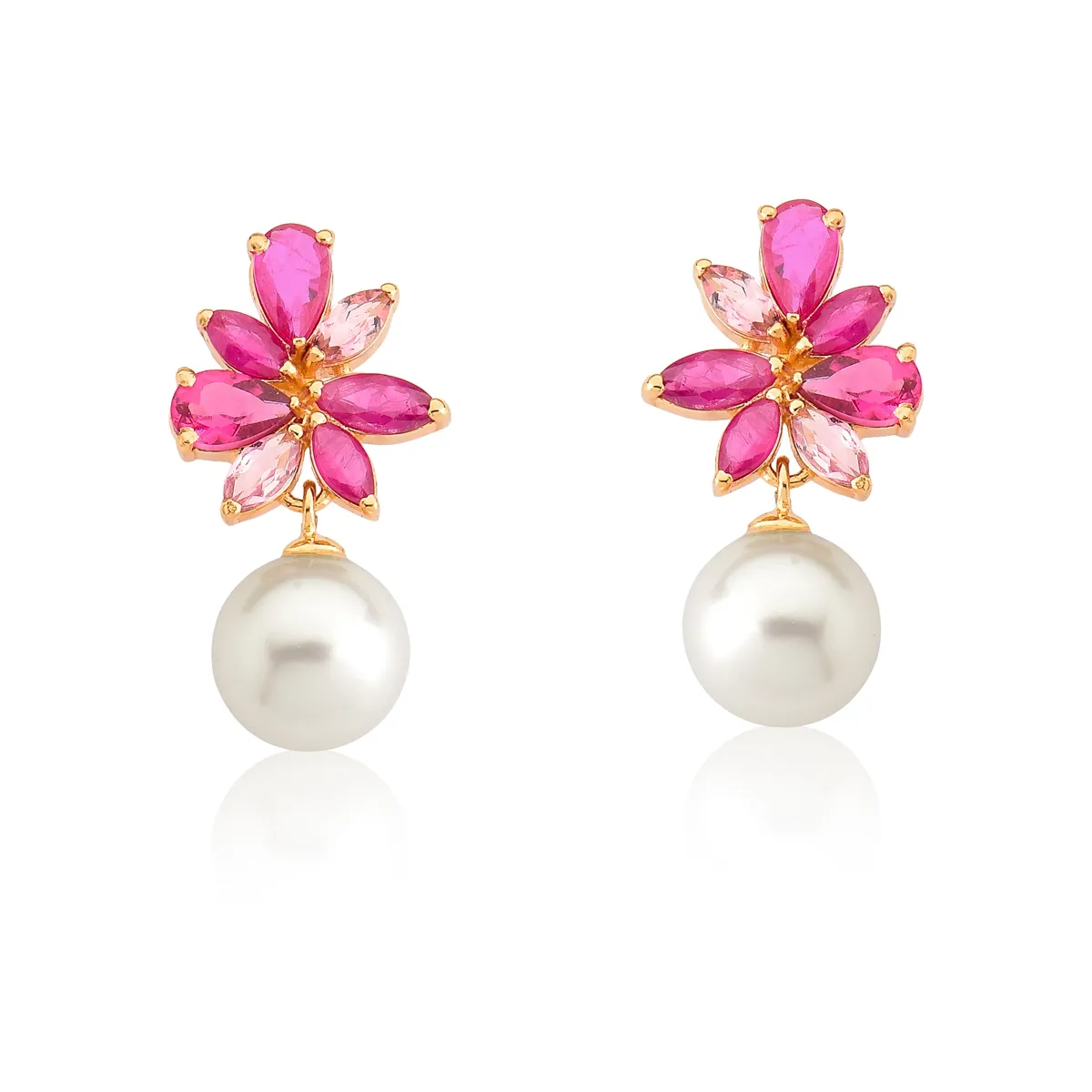 Brinco ramo de Rubis e Turmalina Rosa com Pérola ouro 18k Coleção Jardim Secreto