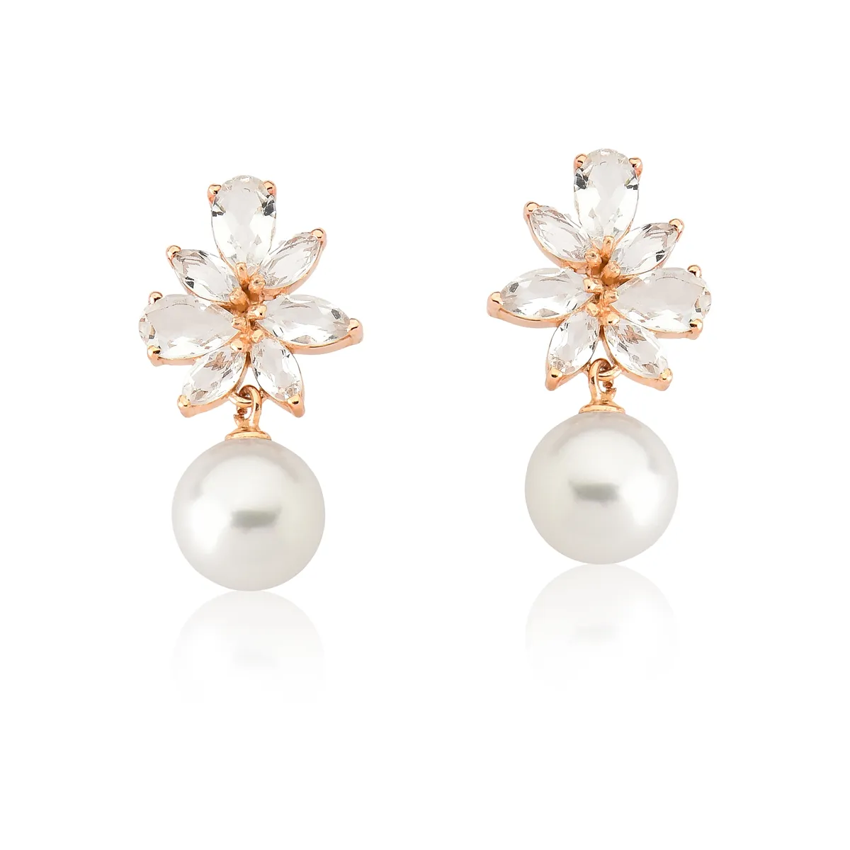 Brinco ramo gemas de Cristal e Pérolas ouro rosé 18k Coleção Jardim Secreto