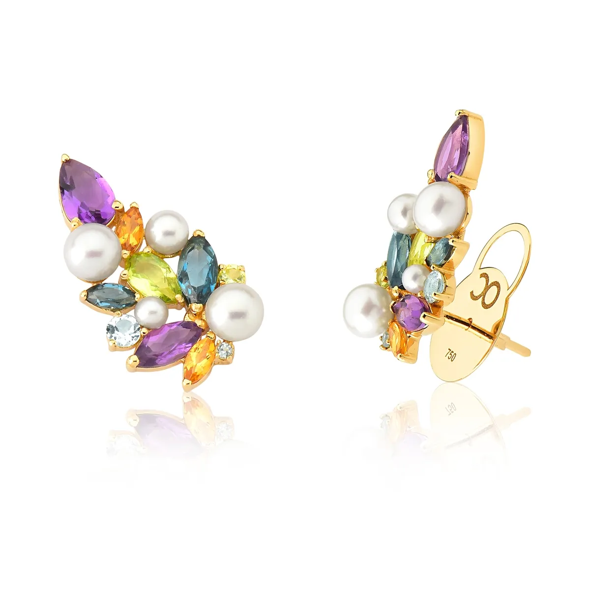 Brinco Ear Cuff ramo de Gemas Brasileiras com Pérolas ouro 18k Coleção Jardim Secreto