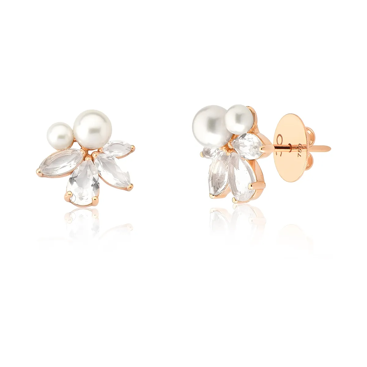 Brinco Stud ramo de Pérolas e Cristais ouro rosé 18k Coleção Jardim Secreto