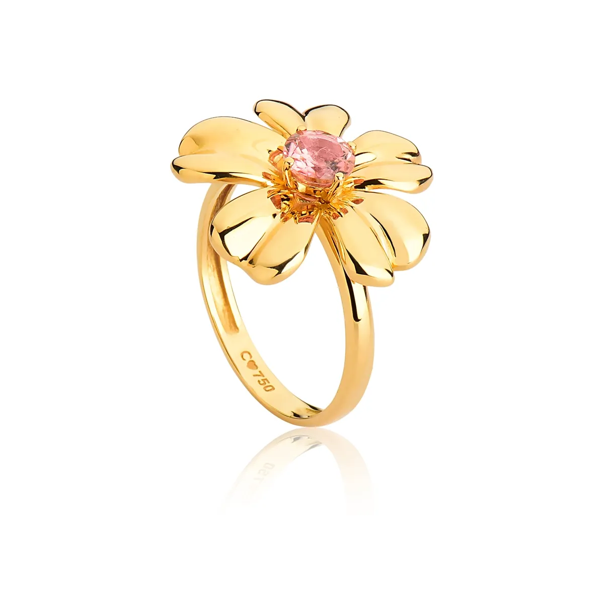 Anel flor com gema de Turmalina Rosa ouro 18k Coleção Jardim Secreto