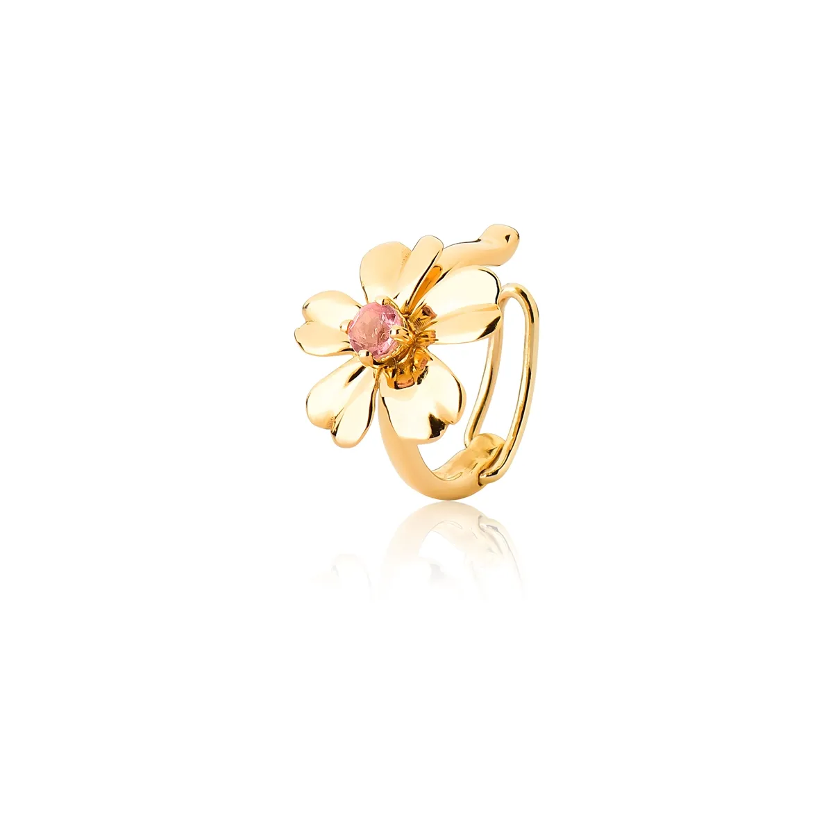 Piercing de orelha flor miolo de Turmalina rosa ouro 18k Coleção Jardim Secreto